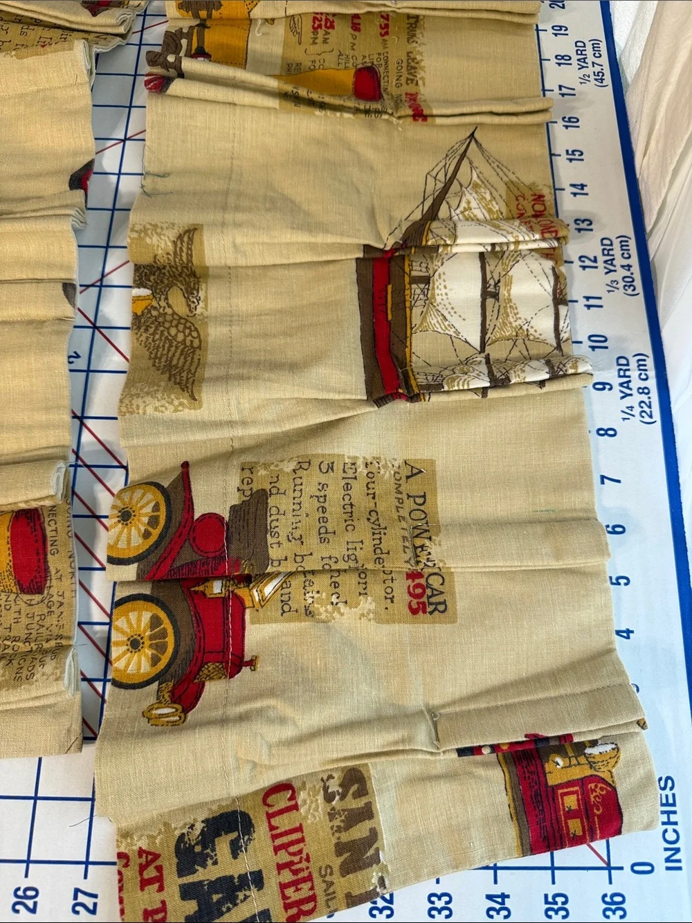 Vintage Mid Century Novelty Kitchen Curtain Set Cars Trains Ships Fire Engines